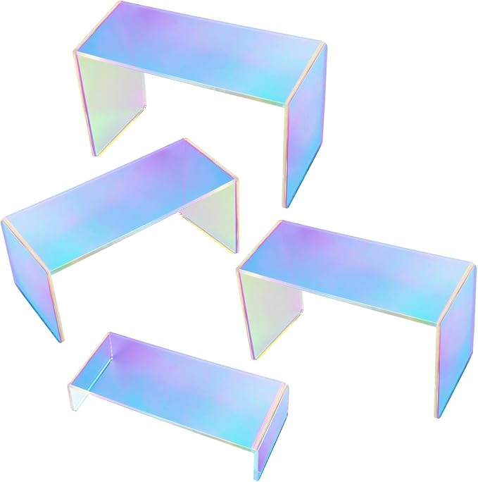 ELEGANTLIFE Acrylic Display Risers Set of 4, 4-Level Tiered Display Stands for Cupcakes, Small Figures & Jewelry, Compact Countertop Display Shelf, Multiple Colors Available (Iridescent)
