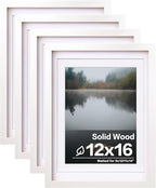 Egofine 12x16 Picture Frames Set of 4, Made of Solid Wood Covered by Plexiglass 9x12 and 11x14 with Mat or 12x16 without Mat, for Wall Mounting Photo Frame White