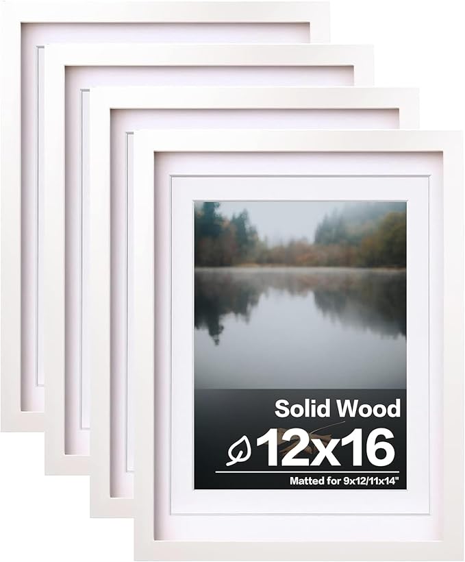 Egofine 12x16 Picture Frames Set of 4, Made of Solid Wood Covered by Plexiglass 9x12 and 11x14 with Mat or 12x16 without Mat, for Wall Mounting Photo Frame White
