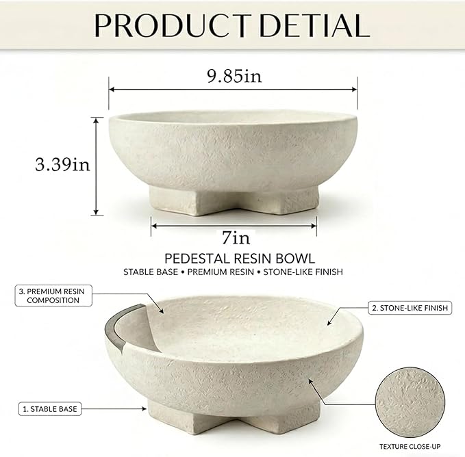 FESTGLOX Large Decorative Bowls, Beige White Decorative Fruit Bowl for Kitchen Counter, Resin Pedestal Entryway Key Bowls for Home Decor, Modern Coffee Table Bowl for Purse, Candy, Jewelry