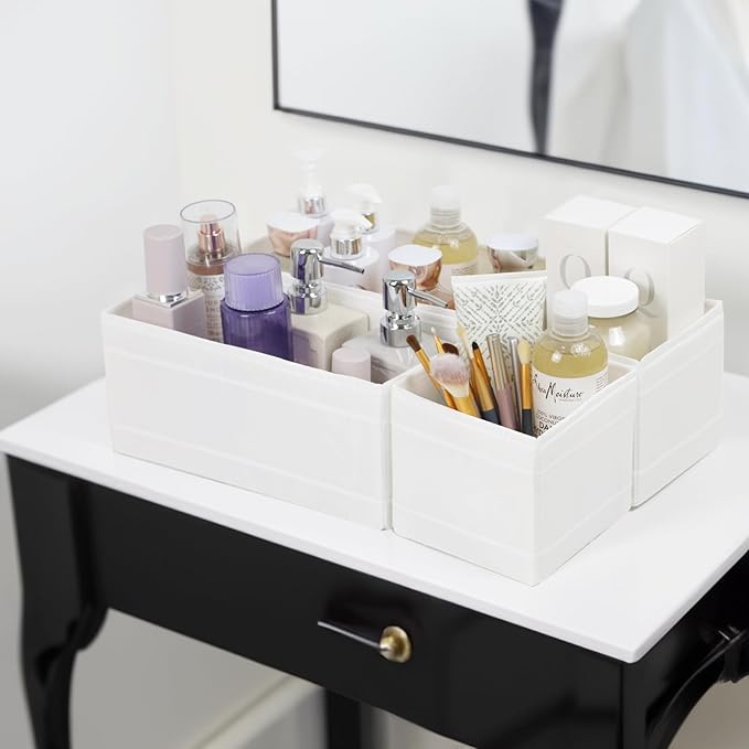 Washable Cloth Drawer Organizer, Set of 4 Foldable Sock Dresser Drawer Organizers Storage Boxes, Fabric Storage Boxes Closet Cabinet Organizer for Clothes (White, S+2M+L)