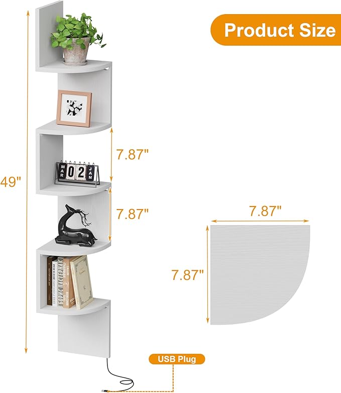 Qupui 5-Tier Corner Shelf with LED Lights, 49 Inch Floating Wall Mounted Corner Shelf for Bedroom Living Room Bathroom, White Corner Bookshelf Display Stand with RGB Lighting