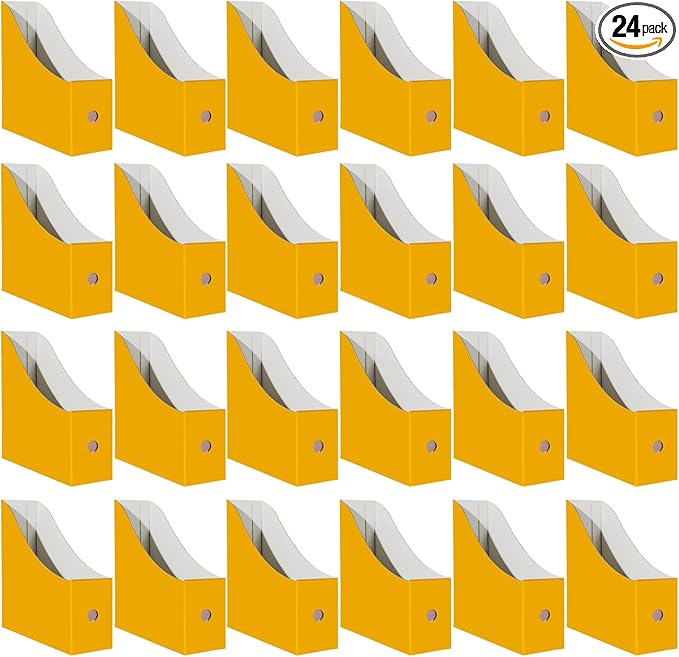 Limitliho Cardboard Magazine Holder (24 Pack), Sturdy Book Bins for Classroom, Vertical File Folder Organizer, 10.6'' 10.2'' 3.5'' Inch Magazine Rack (Yellow, 24 Pack)