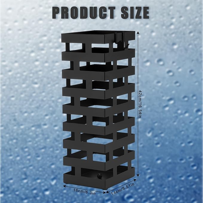 Tudomro Umbrella Stands for Entryway Large Metal Umbrella Holder 6.3 x 5.5 x 16.5 Inches with Removable Water Tray and Hooks Decor Freestanding Rectangular Hollow Rack for Home Office(Black)