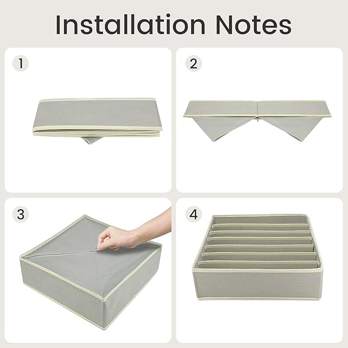 Drawer Organizer Clothes Set, 4 Pack Foldable Dresser Closet Dividers (6/8/7/24-Cell), Non-Woven Underwear & Sock Drawer Organizer, Bra/Tie/Belt Storage Bins (Light Grey)