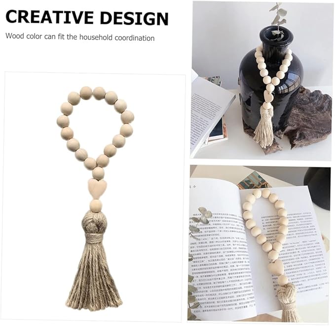 Rope Tassel Beads Wooden Pendant Hanging Ornament for Home Wall Door Decor Boho Style Beaded String Accent