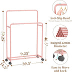 Simple Trending Clothing Clothes Rack Double Rods with Wheels, Rolling Metal Garment Rack for Hanging, Pink