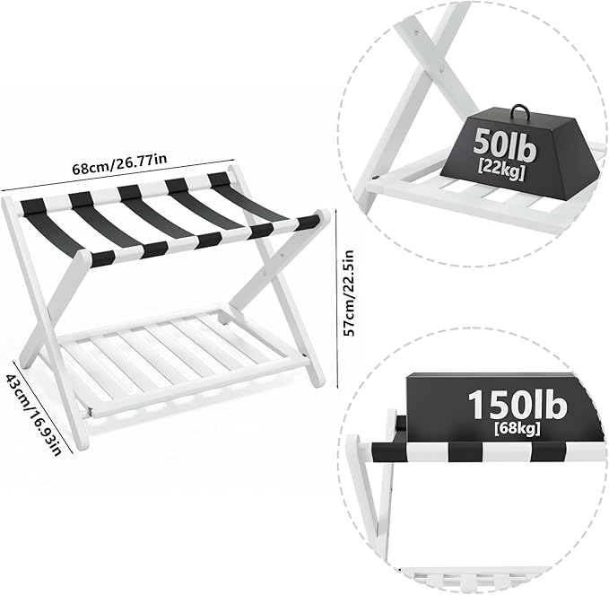 Smuxee Fully Assembled White Luggage Rack, Upgraded Bamboo Foldable Suitcase Stand with 5 Nylon Straps, Luggage Holder with Shelf for Guest Room Bedroom Hotel (White Luggage Rack 1pcs)