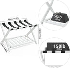 Smuxee Fully Assembled White Luggage Rack, Upgraded Bamboo Foldable Suitcase Stand with 5 Nylon Straps, Luggage Holder with Shelf for Guest Room Bedroom Hotel (White Luggage Rack 1pcs)