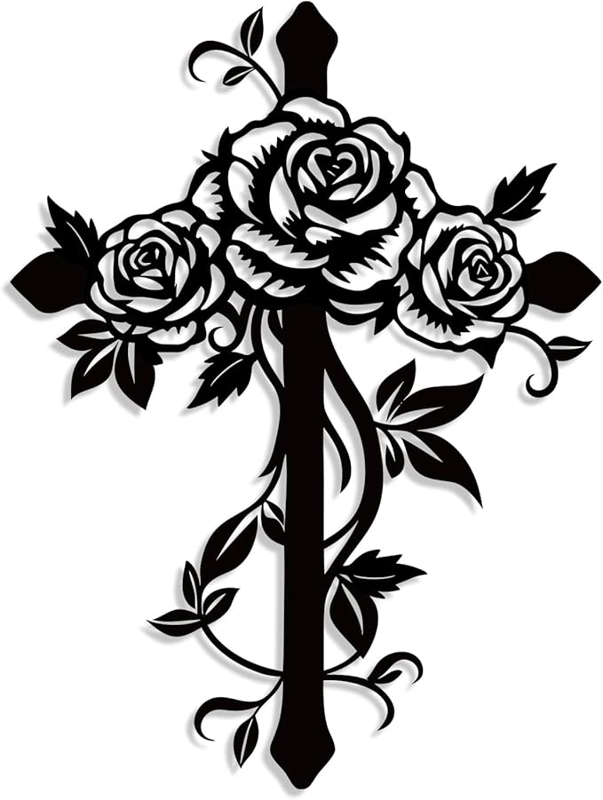Kercan Metal Rose Cross Wall Decor - Modern Room Decor Black Cross Wall Art Home Decor for Living Room, Bedroom, Dining Room, Porch