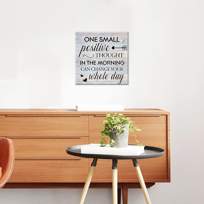 Inspirational Farmhouse Canvas Print Wall Art Decor One Small Positive Thought in the Morning Can Change Your Whole Day Sign Painting Plaque Rustic Home Decoration (8 X 8 Inches, Framed)