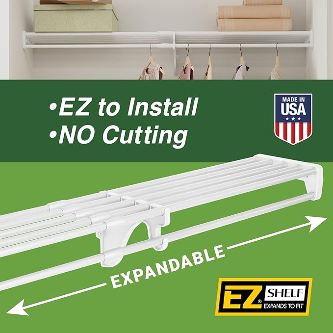 EZ Shelf - Hanging Shelf - Closet Rod - Expands 17.5-27” - White, Closet Shelves - Strong, Holds 200 lbs - DIY, Easy Install - to 2 Side Walls - Alternative to Wire Shelving
