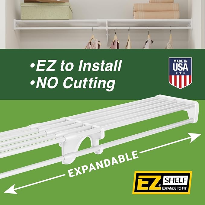 EZ Shelf - DIY Expandable Closet Shelf (NO Hanging Rod) - 28” to 48” - White - Easy to Install to 2 Sidewalls - (EZS-SW48) - Wire Closet Shelving Alternative