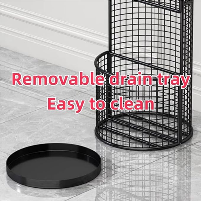 Metal Hollow Drain Rack, Freestanding Umbrella Stand Rack, Umbrella Stand with Water Tray, Multipurpose Umbrella Holder for Entrance, Office(Black)