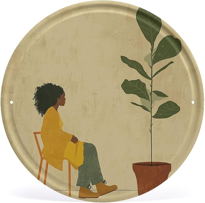 Wall Picture, with Potted Plant and Woman Printed Circular Iron Hanging Picture,Wall Art Decor,Home for Bedroom Living Room Bathroom Decor,Iron Painting 11.8X11.8 in