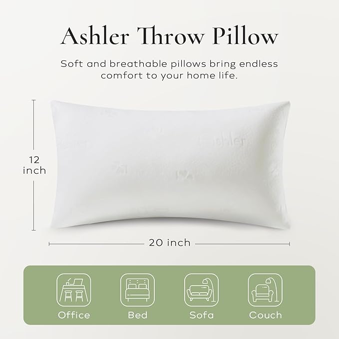 Ashler Throw Pillow Inserts- 12x20 Pillow Inserts with Air Layer, Premium Bed and Couch Pillows - Indoor Decorative Throw Pillow, Lumbar Cushion Sham Stuffer, Pack of 4, White