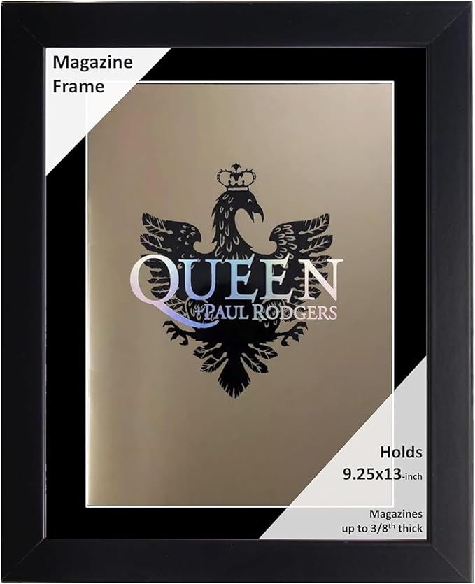 Creative Picture Frames 9.25 x 13 Magazine Frame with Full-Strength Glass, Holds Up To A 1/4" Thick Media with Installed Hangers for Easy Mounting, 11x14 Black Frame withBlack Mat