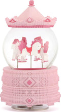 Pixel-Design Carousel Snow Globe Music Box, Compact Decorative Gift for Collectors and Home Accents, Subtle Pink Edition, Plays Toyland Melody
