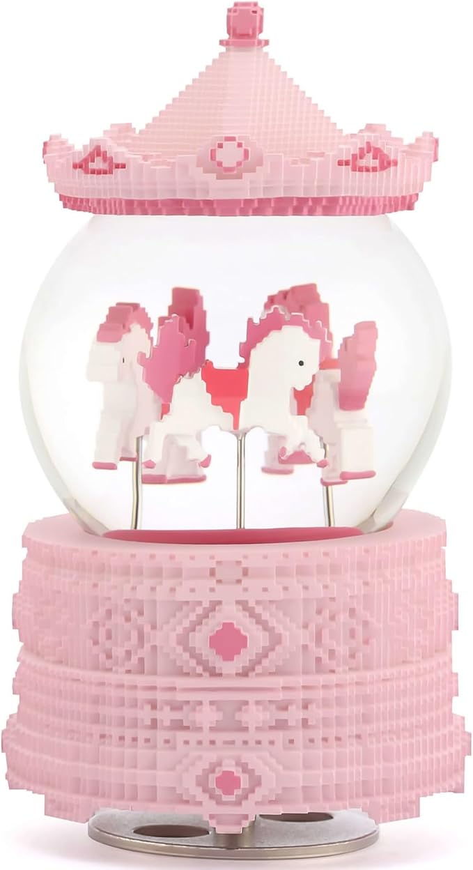 Pixel-Design Carousel Snow Globe Music Box, Compact Decorative Gift for Collectors and Home Accents, Subtle Pink Edition, Plays Toyland Melody