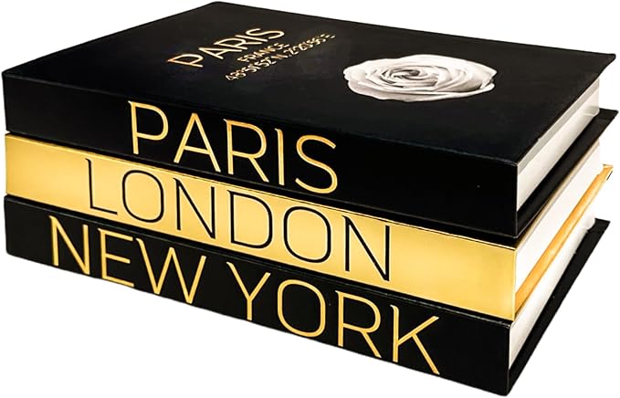 AZEZO Set of 3 Decorative Books for Home Decor – Decorative Hardcover Display Faux Books for Bookshelf and Coffee Table – Black and Gold Foiled – Paris London New York Themed
