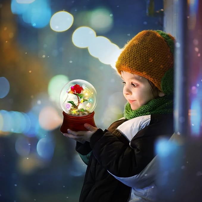 Rose Snow Globe Music Box, Preserved Red Rose Flower Musical Snow Globes, LED Light Up Rose Snowglobe Water Globe Romantic Gift for Women Girls in Mother's Day, Anniversary, Christmas