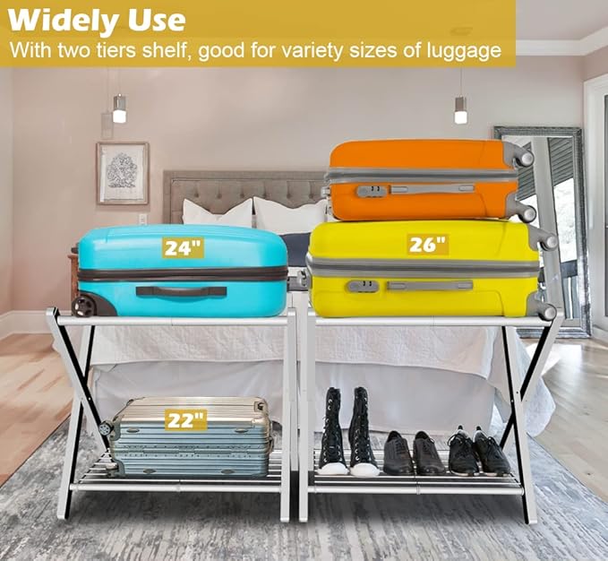 mocomax 2 Pack Folding Luggage Rack for Guest Room, Foldable Suitcase Stand Holder with Metal Storage Shelf for Bedroom, Living Room, Hotel Essentials, Heavy Duty Steel Frame, White