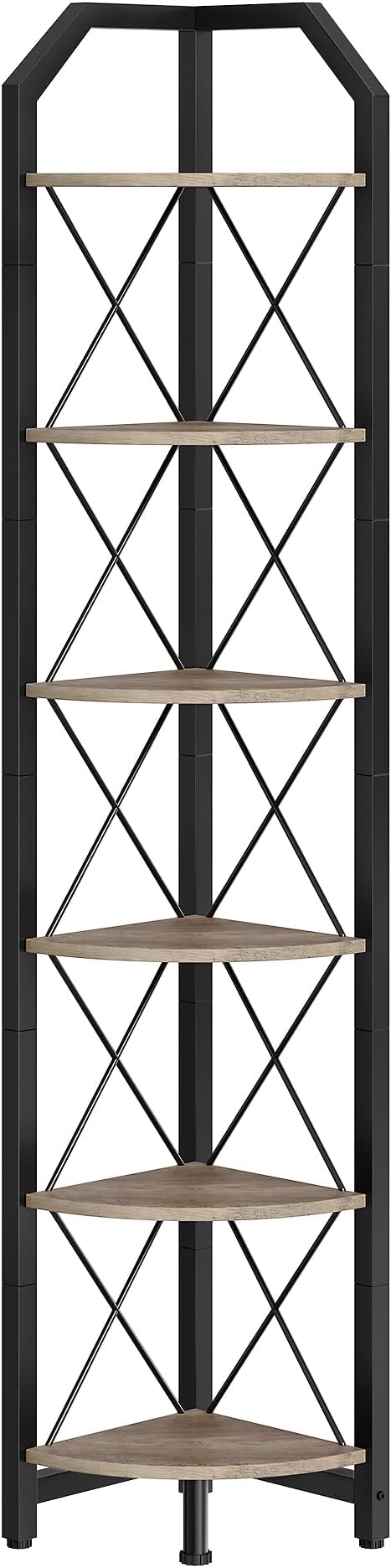 CHOEZON 6-Tier Corner Shelf, Industrial Corner Bookshelf, 71.2" Corner Storage Stand, Plant Stand Display Shelf, Corner Bookcase for Bedroom, Living Room, Home Office, Greige and Black TCJ11BG