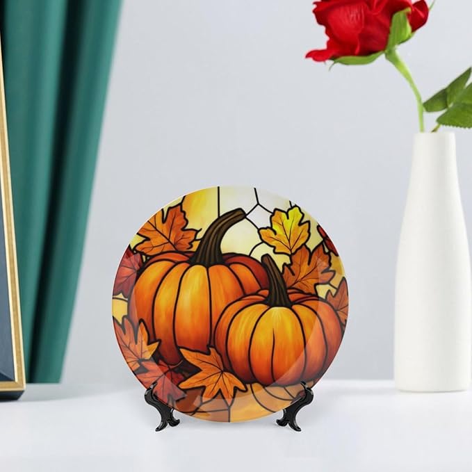 pumpkin theme Decorative Ceramic Plate Round Porcelain Plate,10 inch,Autumn Stained Glass pattern,for Decorative Ornaments Giving Plates,1 Plate with 1 Display Stand,Orange red