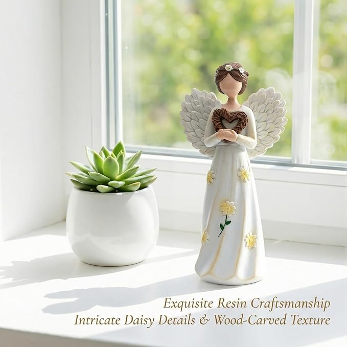 Hand-Painted Guardian Angel Figurine with Heart & Daisy Details – 5.8 Inch Resin Angel Statue for Home Decor – Sympathy, Memorial, & Friendship Gifts for Women, Mom, Grandma, Best Friend