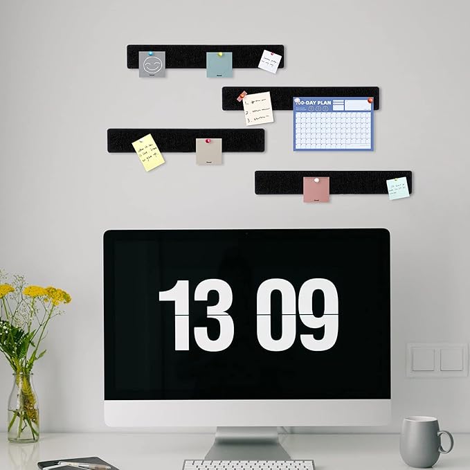 Cork Board for Walls - 8 Pack Felt Pin Board Bar Strips - Self-Adhesive Lightweight Bulletin Board - Black Cork Board for Office with 40 Push Pins No Damage for Wall
