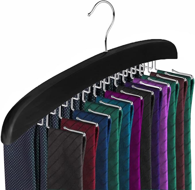 Wooden Tie Hanger,24 Tie Organizer Rack Hanger Holder Hook (Black, 24 Hooks)
