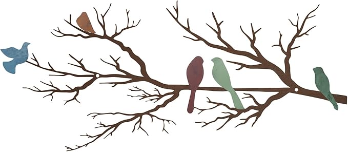 ESTART Metal Birds Wall Art, Metal Vivid Birds on Branch Silhouette Wall Decor Leaves with Bird Outdoor Hanging Wall Sculpture for Living room Bedroom Balcony Garden (Colorful, Large)