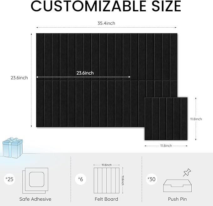 Large Cork Bulletin Board for Wall 36"x24", 6 Pack Felt Slat Wall Panel Tiles with 30 Pushpins, 25 Safe Removable Adhesive Tabs, Decorative Pin Board Tack Board for Office Home School