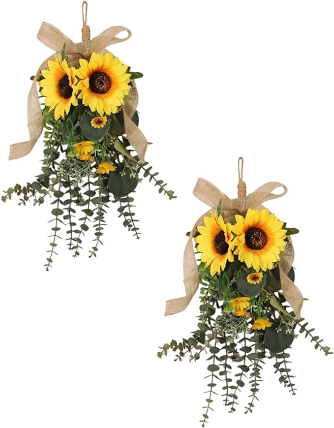 Generic 24 in Sunflower Swag, Artificial Floral Garland with Burlap Bow, Rustic Door Swag for Front Door Outside, Summer Sunflower Wreath Decor for Home Window Farmhouse. (2Pcs)