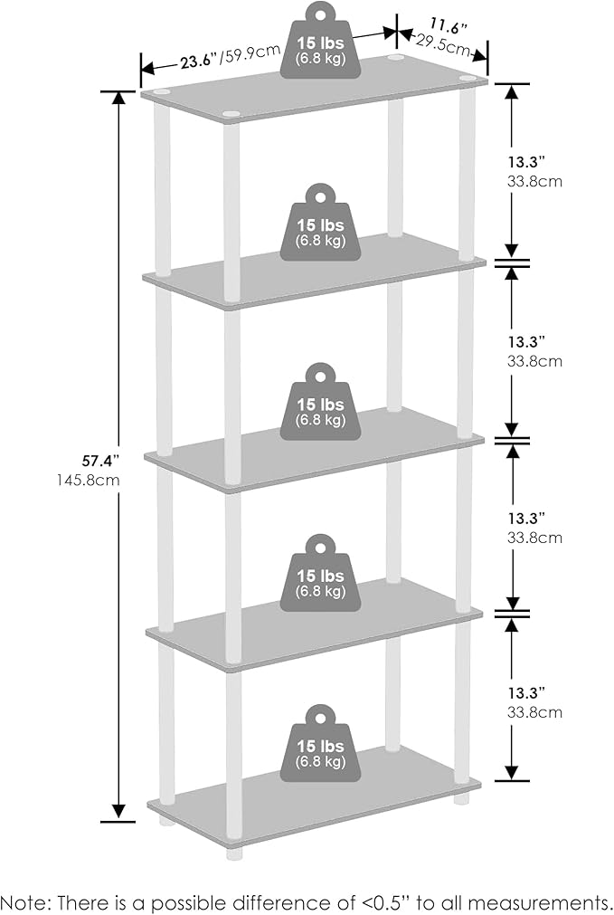 Furinno Turn-N-Tube Book Shelf, 5-Tier Bookshelf, Bookcase with Multipurpose Compact Display Rack, 11.6 x 23.6 x 57.4, for Living Room, Bedroom, Home Office, Black/Grey