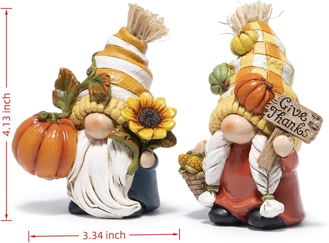 Hodao Fall Gnome Figurines – Pumpkin Gnomes with Checkered Hats, Sunflower, Corn Basket and Give Thanks Sign – Thanksgiving/Harvest Home Decor & Gift for Tiered Tray, Mantel, Tabletop, Windowsill