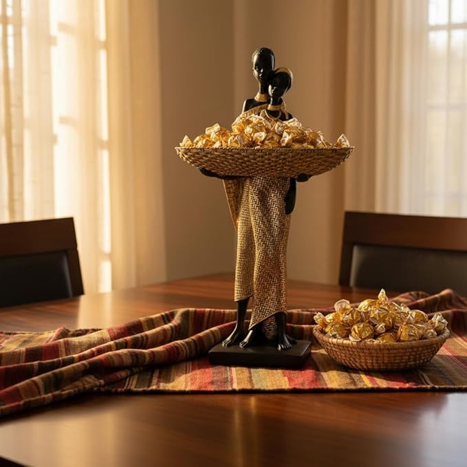 Lescafita Handmade African Couple Sculpture - Gold Tribal Standing Figure with 7.8" Basket, Resin Home Decor for Shelves/Tables, Cultural Gift for Small Items (14.5" H)