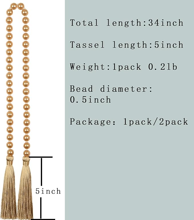 34 Inch Pearl Glass Bead Garland with Tassels - Elegant Boho Table Decor, Fringe Wall Hanging for Wedding, Party, Farmhouse Rustic Prayer Bead Home Decoration (White, 2 Pack)
