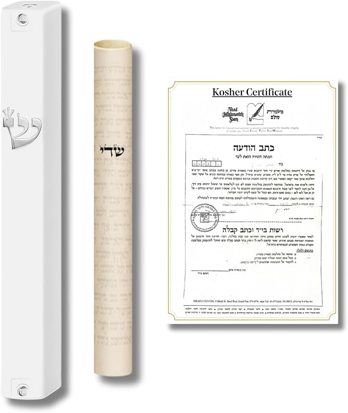 SURI Mezuzah with Kosher Scroll for Door | Certified 4-Inch Hand-Written Kosher Scroll by a Certified Jewish Rabbi (Sofer Stam) and Elegant White 5-Inch Mezuzah Case | Made in Israel