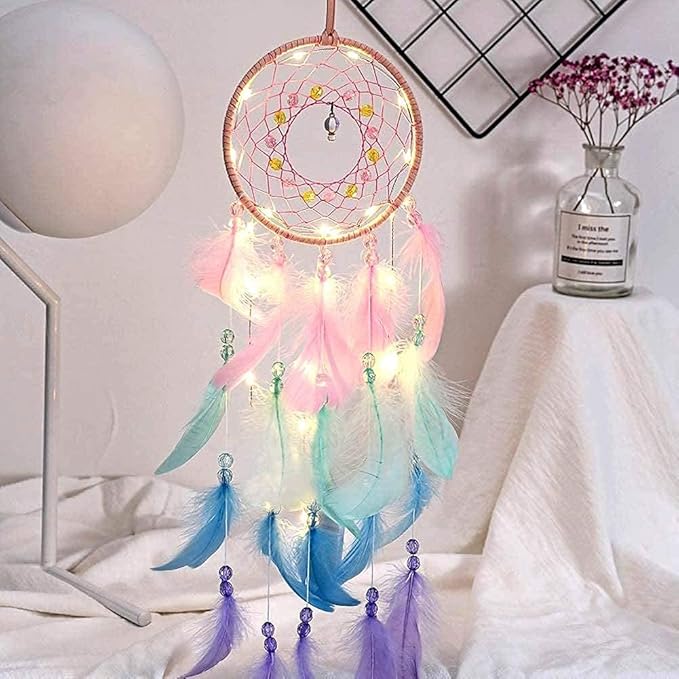 Dream Catcher Wall Decor, Handmade Dream Catcher with LED Light, Colorful Feather Dream Catchers Wall Decor, Dreamcatchers Gift for Girls Kids Women
