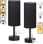 Fenmzee Black Bedside Table Lamps Set of 2-3 Color Temperatures Pull Chain Lamp with AC Outlet Charging Port, Round Night Stand Lamps for Bedroom Office, Small Bed Side Light with E26 LED Bulbs
