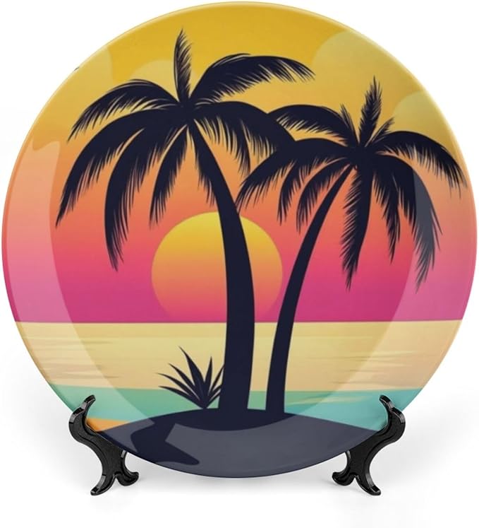 Coconut Trees Theme Decorative Ceramic Plate Round Porcelain Plate,10 inch,Sunset Pattern,for Decorative Ornaments Giving Plates,1 Plate with 1 Display Stand,Orange Pink