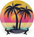 Coconut Trees Theme Decorative Ceramic Plate Round Porcelain Plate,10 inch,Sunset Pattern,for Decorative Ornaments Giving Plates,1 Plate with 1 Display Stand,Orange Pink