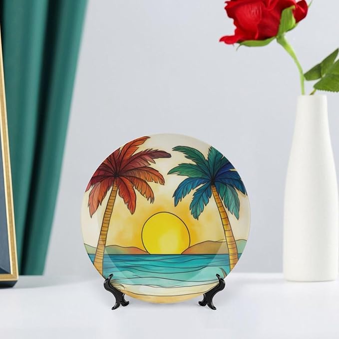 Palm Tree Theme Decorative Ceramic Plate Round Porcelain Plate,10 inch,Sunset Cartoon Pattern,for Decorative Ornaments Giving Plates,1 Plate with 1 Display Stand,Orange Blue
