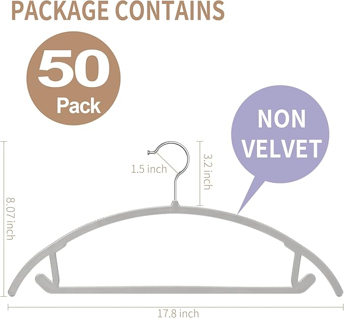 TIMMY Plastic Hangers 50 Pack No Shoulder Bump Suit Hangers Non Slip Space Saving Clothes Hangers Curved Design to Protect Clothes Shape(Grey)
