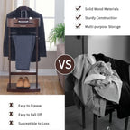 Wooden Suit Valet Stand with Drawer, Top Tray Freestanding Suit Stand with Contour Hanger, Trouser Bar, Tie & Belt Hooks Clothing Rack for Entryway Office Living Room(Standing Brown)