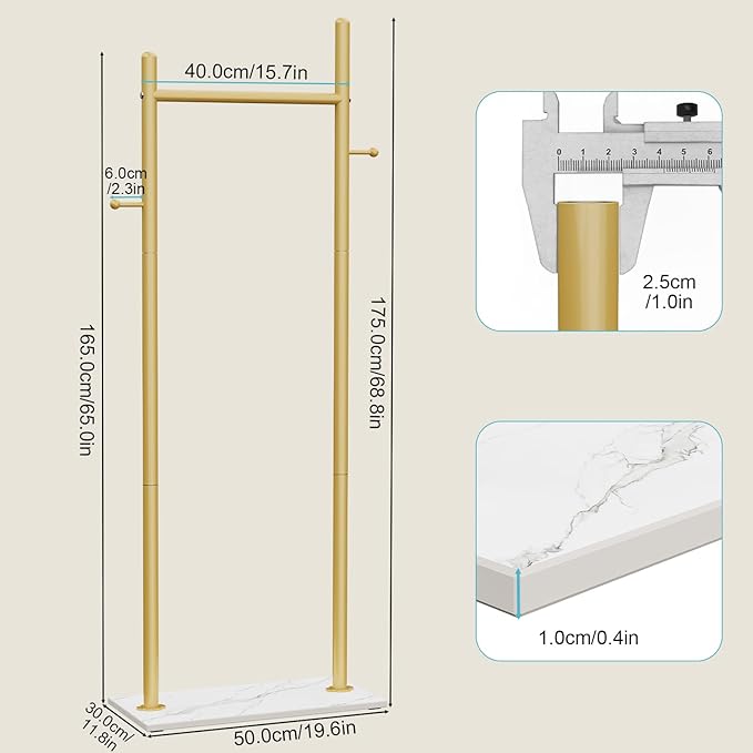 Nianerfaya Coat Hanger Stand with 2 Hooks, Standing Garment Storage for Indoor - Coat Tree for Hanging Clothes for Bedroom - 19.7" Wide Heavy Duty Clothe Rack Metal Clothing Hanger Rack (Gold)