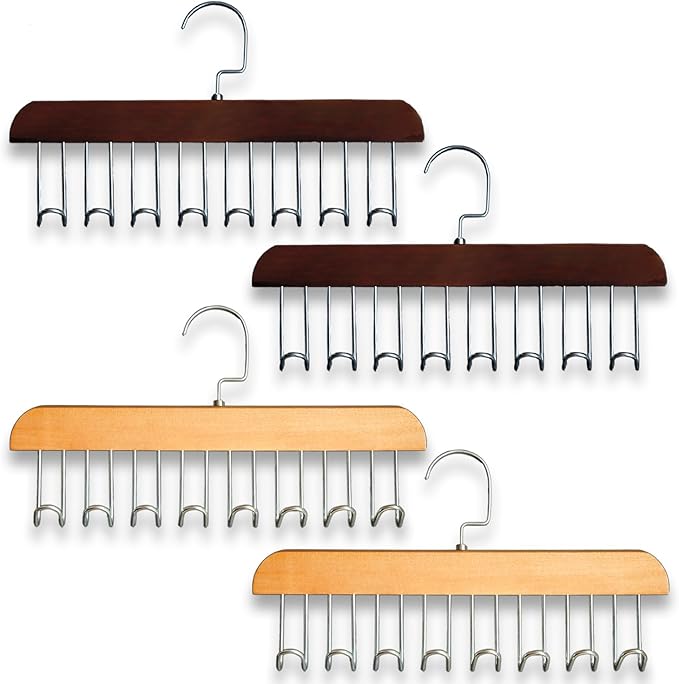 Belt Hanger 4Pcs Belt Hanger with 32 Hooks Bra Hangers for Closet,Space-Saving Wooden Closet Hanger Organizer for Ties, Scarves, Bras,Tank, Tops (2Wood Color 2Brown)