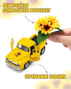 Huray Rayho Sunflower Metal Truck with Artificial Plastic Flower Yellow Vintage Farm Pickup Farmhouse Tabletop Tiered Tray Decor Home Kitchen Mantel Shelf Spring Mini Diecast Truck Decorations