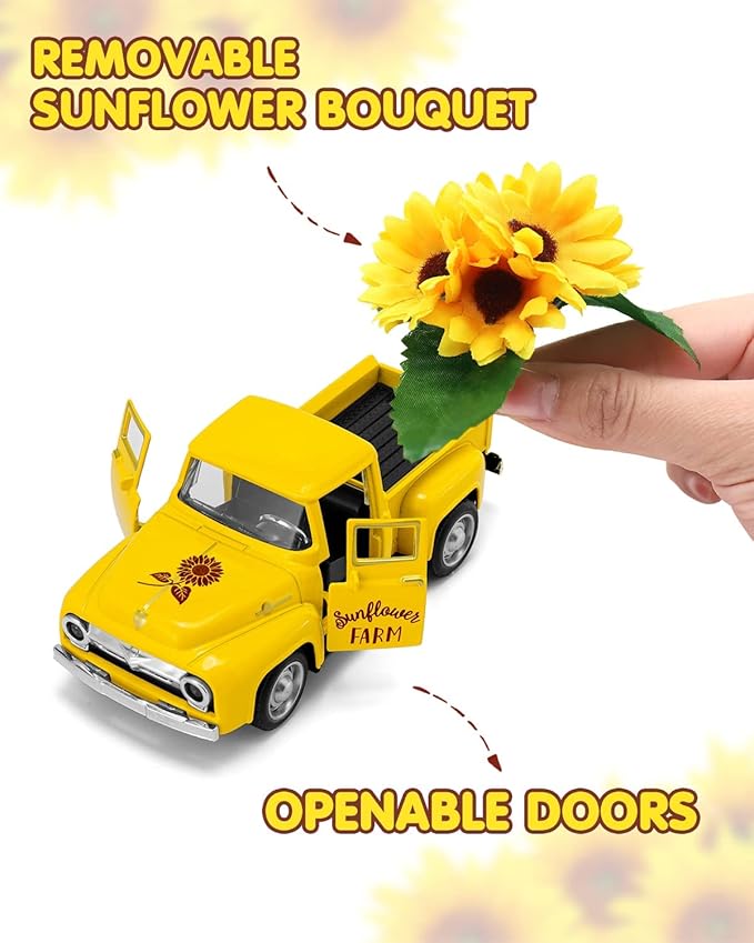 Huray Rayho Sunflower Metal Truck with Artificial Plastic Flower Yellow Vintage Farm Pickup Farmhouse Tabletop Tiered Tray Decor Home Kitchen Mantel Shelf Spring Mini Diecast Truck Decorations
